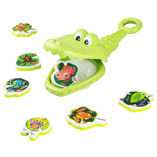 Tiger Tribe Croc Chasey - Catch a Frog bath toy with green crocodile net and seven colourful foam frogs scattered around, ready to snap and catch.