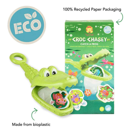 Croc Chasey toy shown next to its eco-friendly packaging, with labels highlighting bioplastic construction and FSC® certified paper.