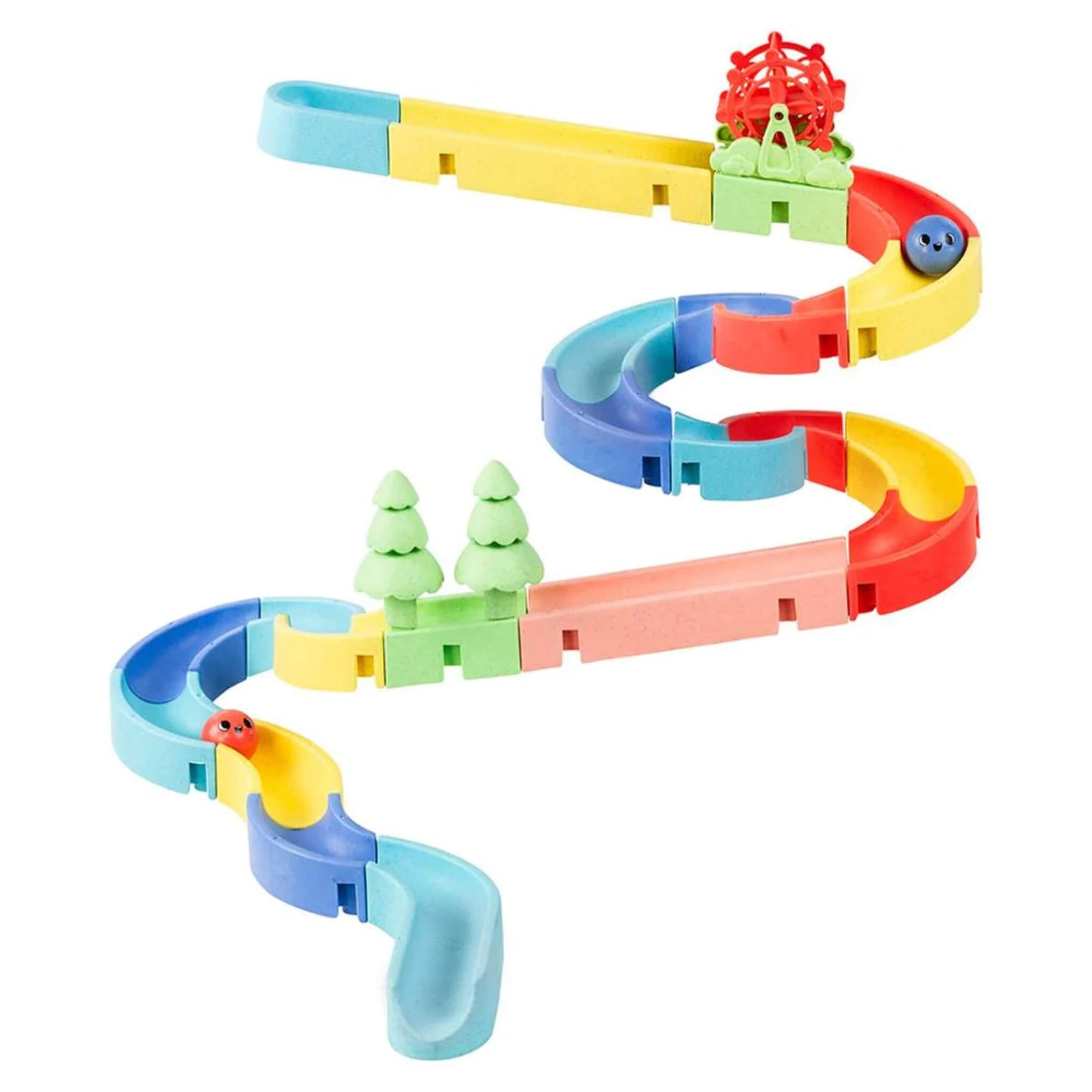 Bright and colourful Tiger Tribe ECO Marble Waterslide fully assembled, with marbles ready to race down the winding track, featuring curved pieces, trees, and a spinning wheel.