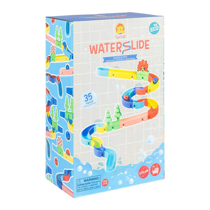 Side view of the Tiger Tribe ECO Marble Waterslide box showing colourful track layout examples and illustrations of how the set can be assembled.