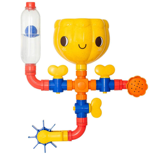 Tiger Tribe ECO Waterworks - Pipeline bath toy assembled with bright red, blue and yellow parts, including a smiley yellow funnel and clear water chamber.