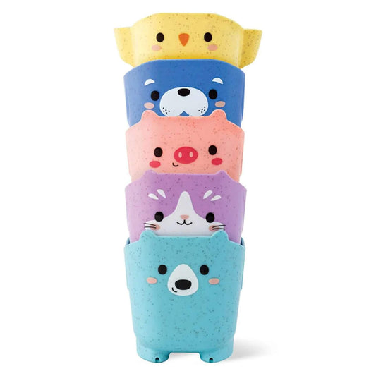 Five stacked animal cups in pastel colours, each with a different friendly animal face including a bear, cat, pig, seal, and bird.