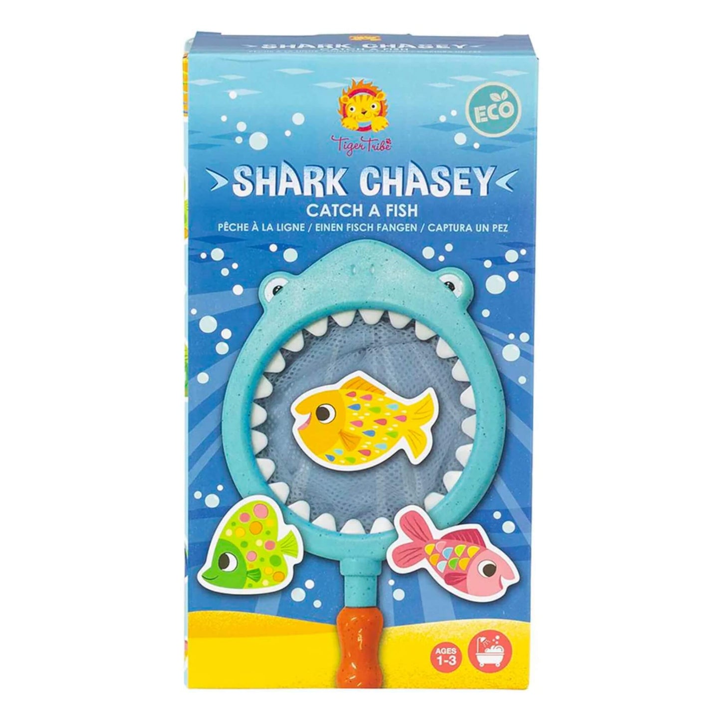 Front of the Tiger Tribe Shark Chasey retail box showing the shark-shaped net with a foam fish inside and playful ocean-themed graphics.
