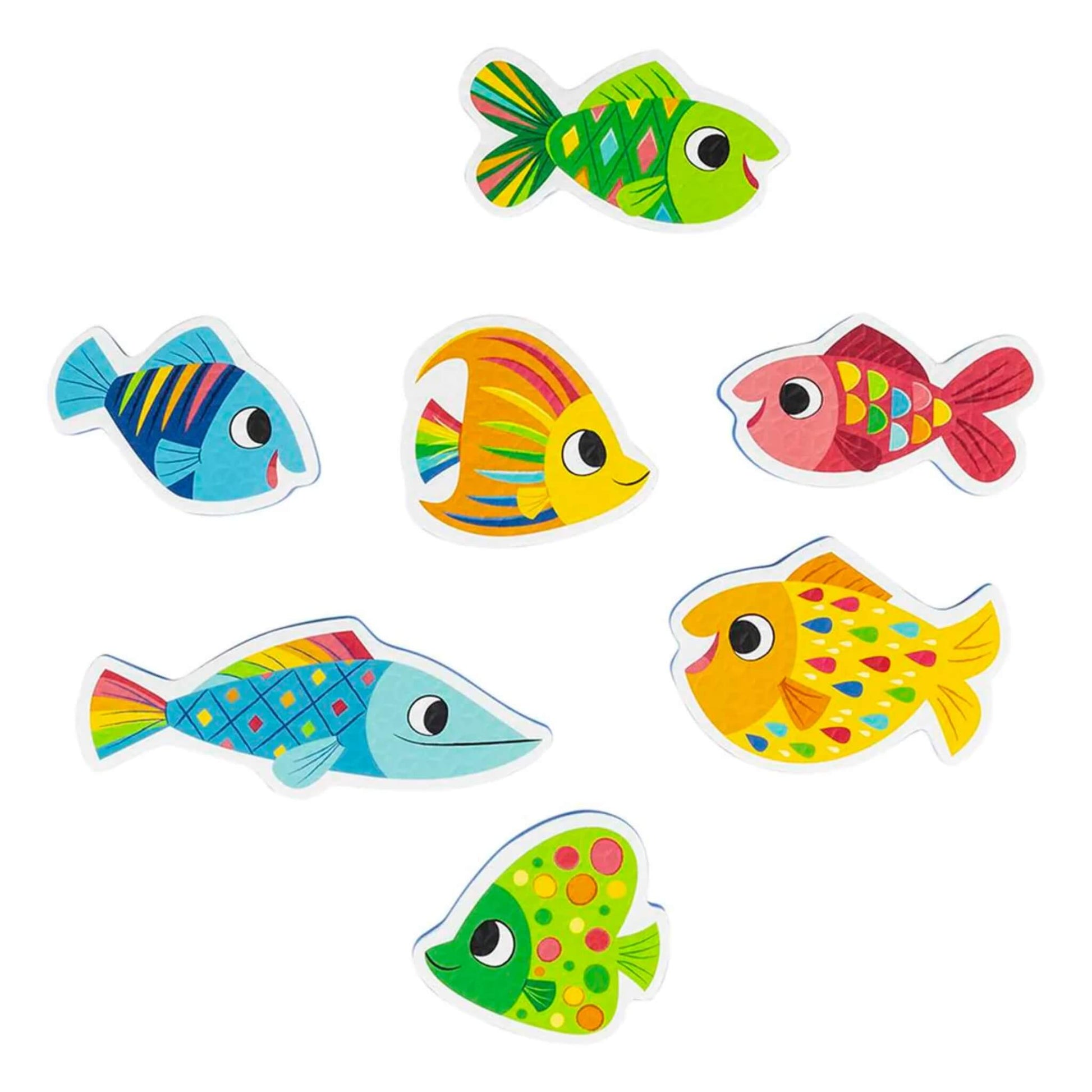Set of seven brightly coloured foam fish laid out on a white background, each with unique patterns and expressions.