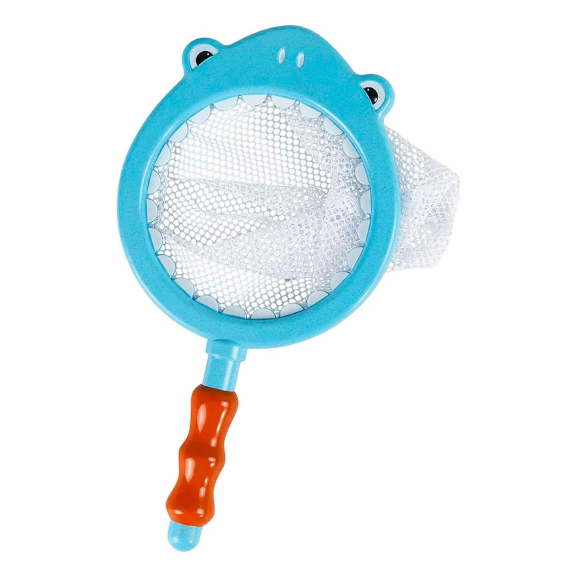 Shark-shaped blue net with a white mesh centre and orange handle, displayed on a white background.