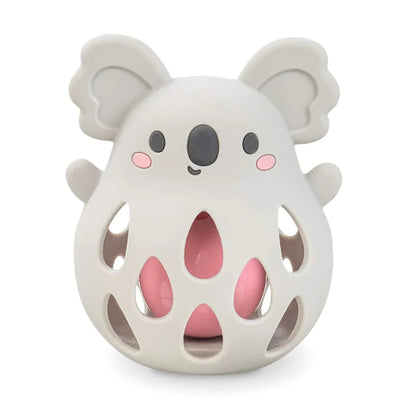 Soft grey Tiger Trible silicone koala rattle with cut-out sides and a pink rattle ball visible inside, designed for babies to grip and shake.