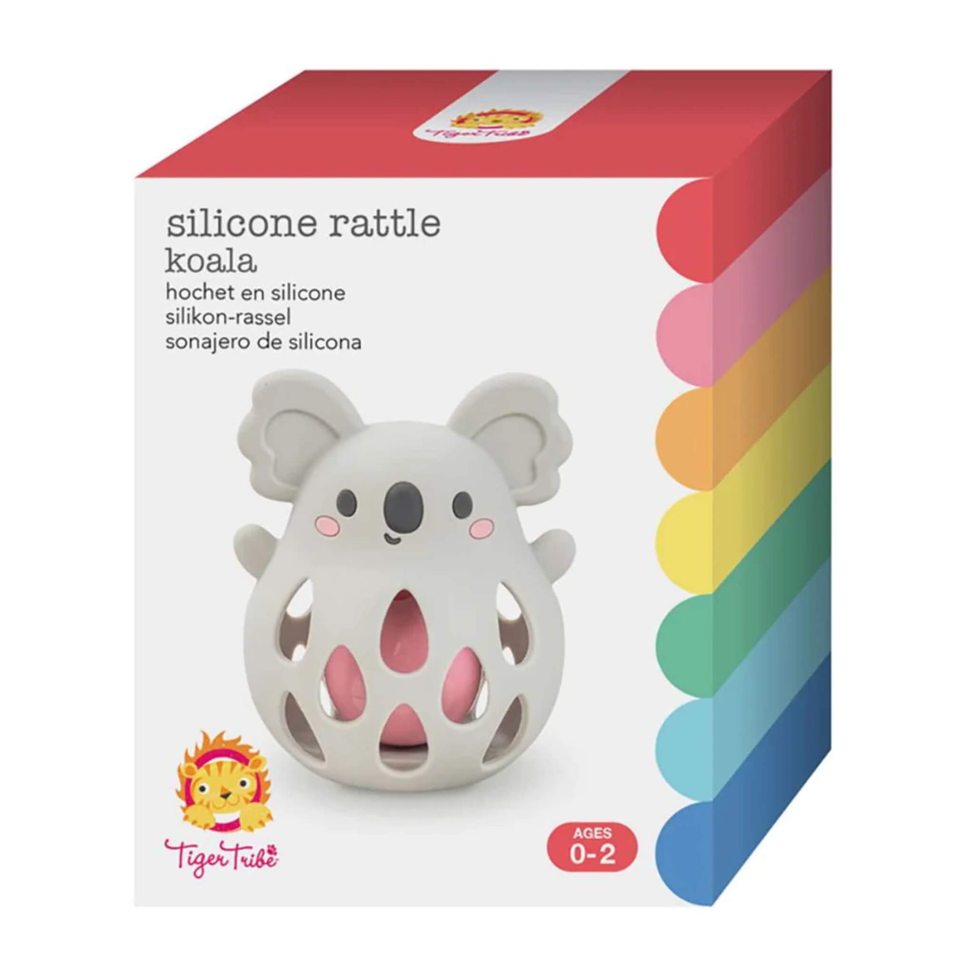 Box showing the Tiger Tribe Silicone Rattle Koala with rainbow stripes on the side and age guidance of 0–2 years.