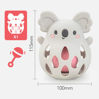 Close-up of the koala rattle with measurement overlay (115mm x 100mm) and icons indicating one rattle included in the set.