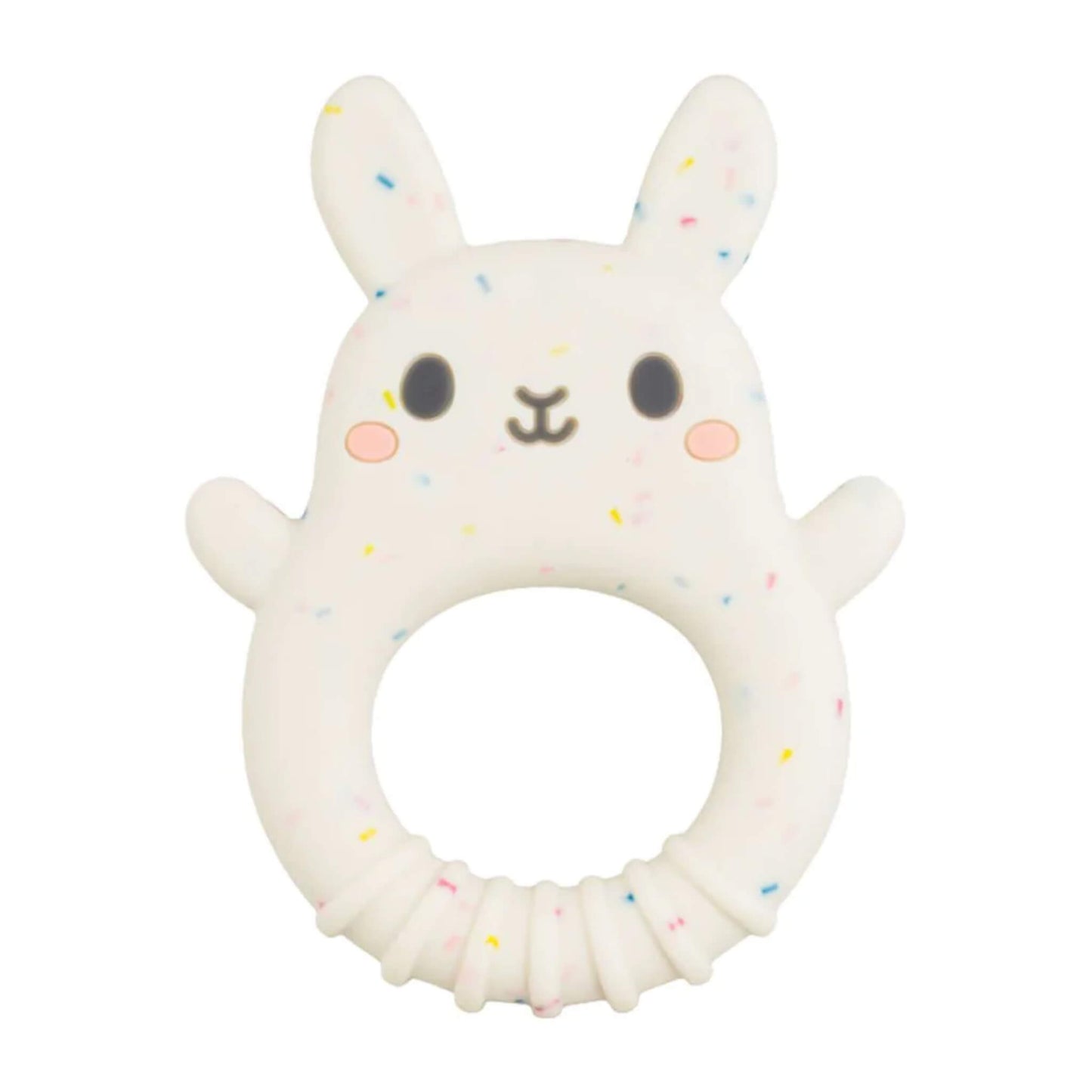 A speckled white Tiger Tribe bunny-shaped teether with a rounded base and ring grip, featuring blushing cheeks and upright ears.