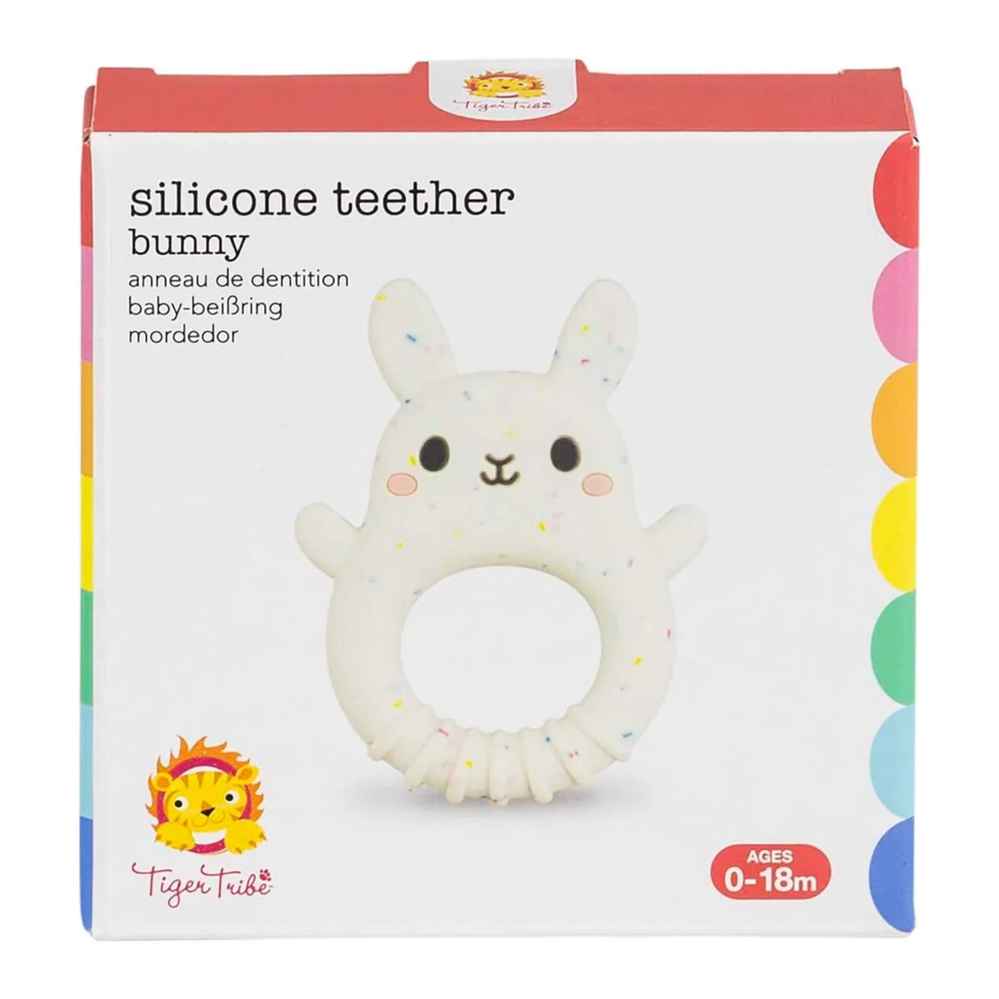 The box displays the bunny teether on a clean white background with colourful side accents and age recommendation of 0–18 months.