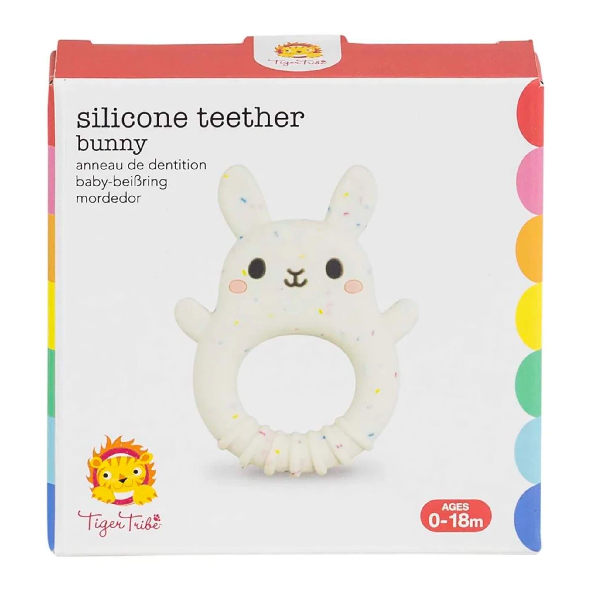 The box displays the bunny teether on a clean white background with colourful side accents and age recommendation of 0–18 months.