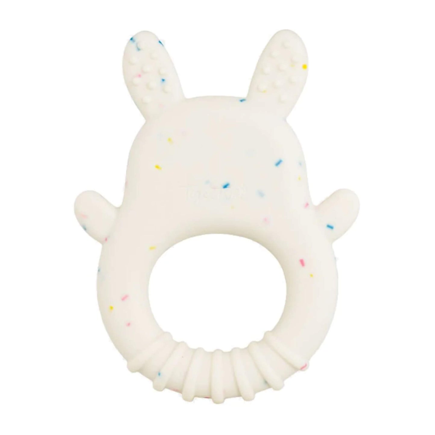 Back of the bunny-shaped teether with textured ear tips and grip ridges around the base.