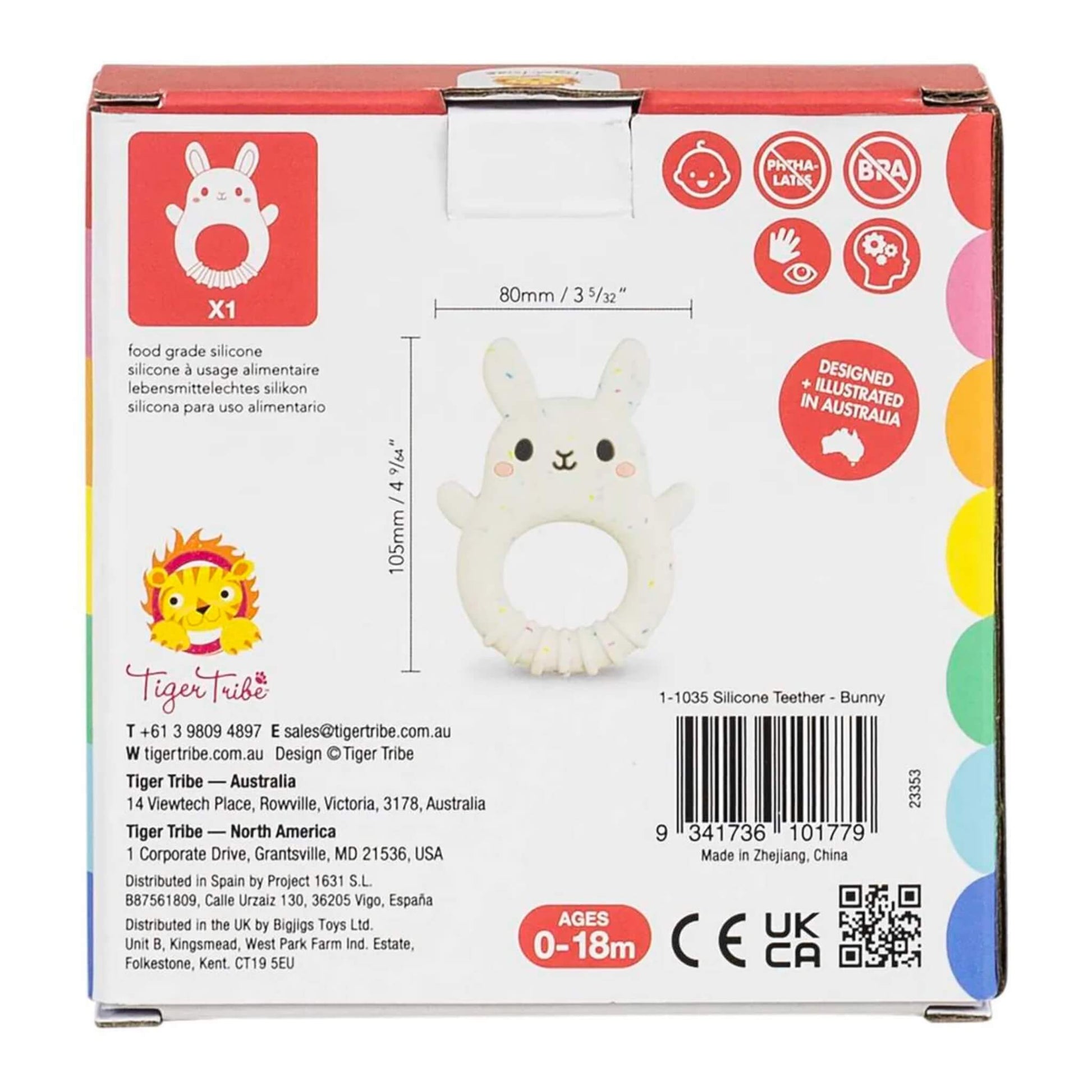 The packaging lists the dimensions of the teether (105mm x 80mm), features a diagram, and shows key safety and age icons.
