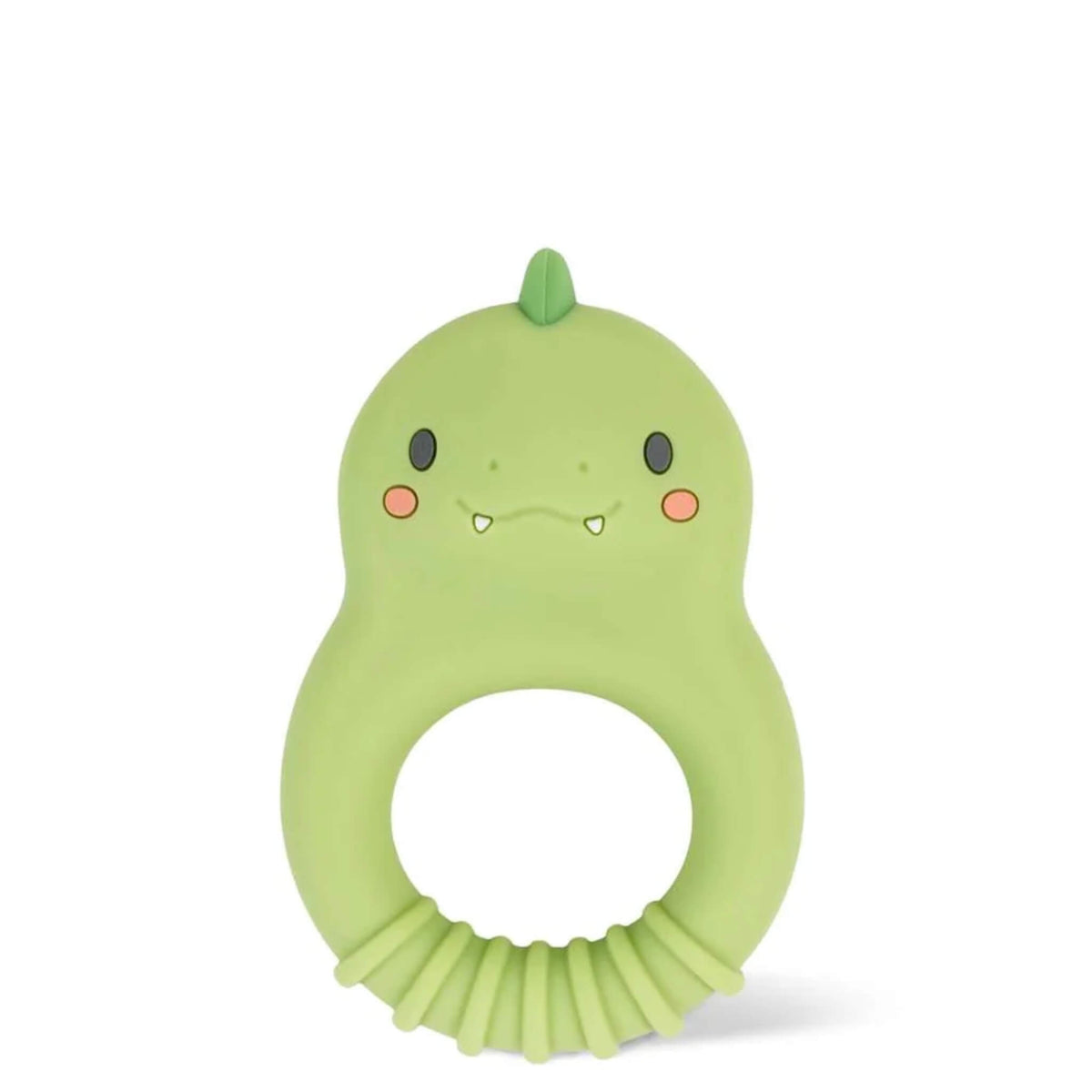 A light green silicone dinosaur teether with a ring handle, featuring a cute cartoon face with black eyes, pink cheeks, and small teeth, set against a plain white background.