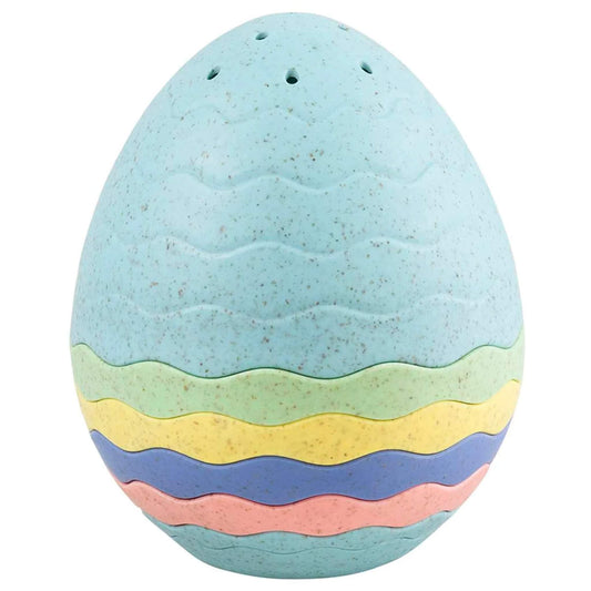 Bath Egg fully assembled in its stacked egg shape, featuring pastel-coloured cups with wave patterns and small holes in the top piece.