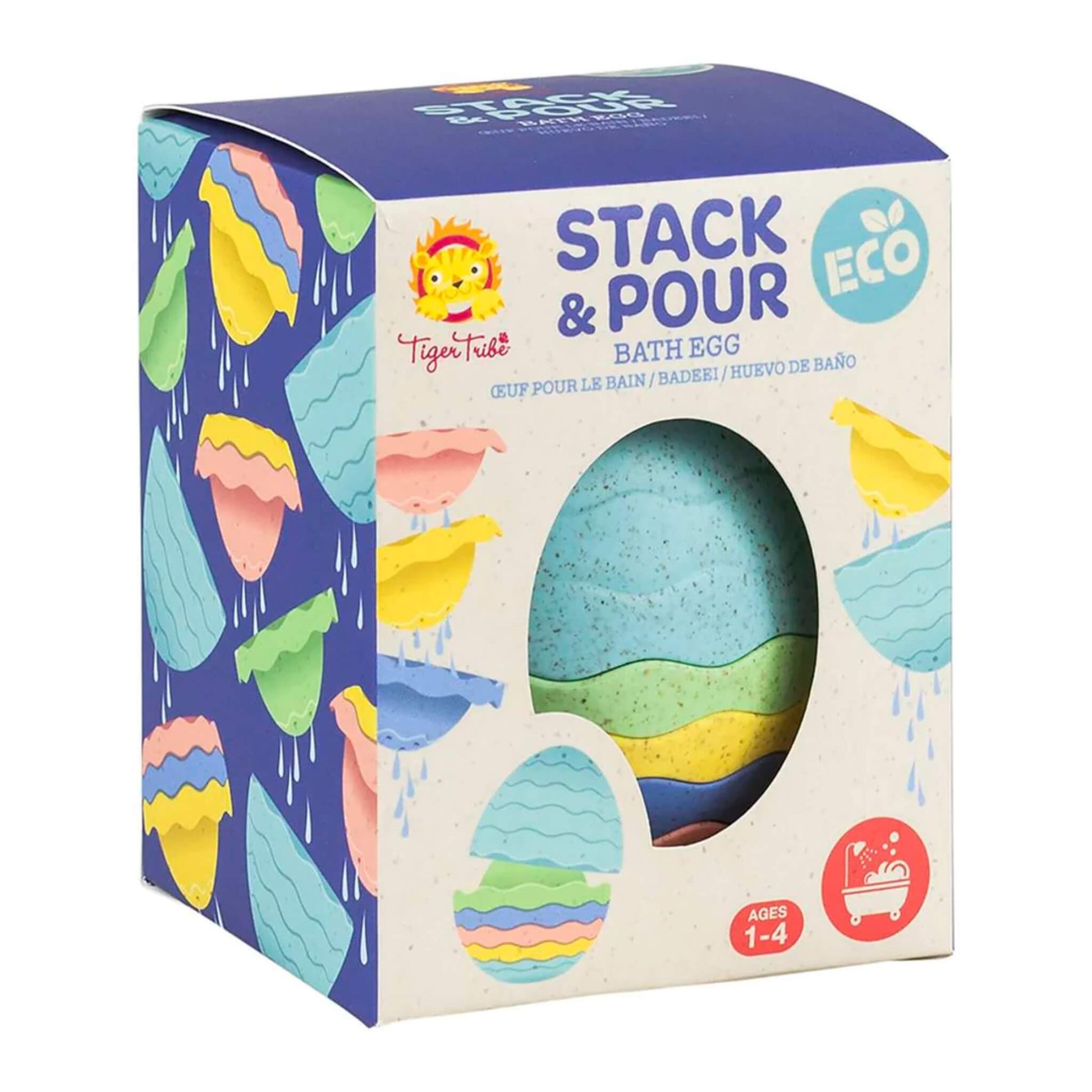 Tiger Tribe Stack & Pour ECO Bath Egg packaging showing the full product inside a cut-out window with playful water illustrations on the box.