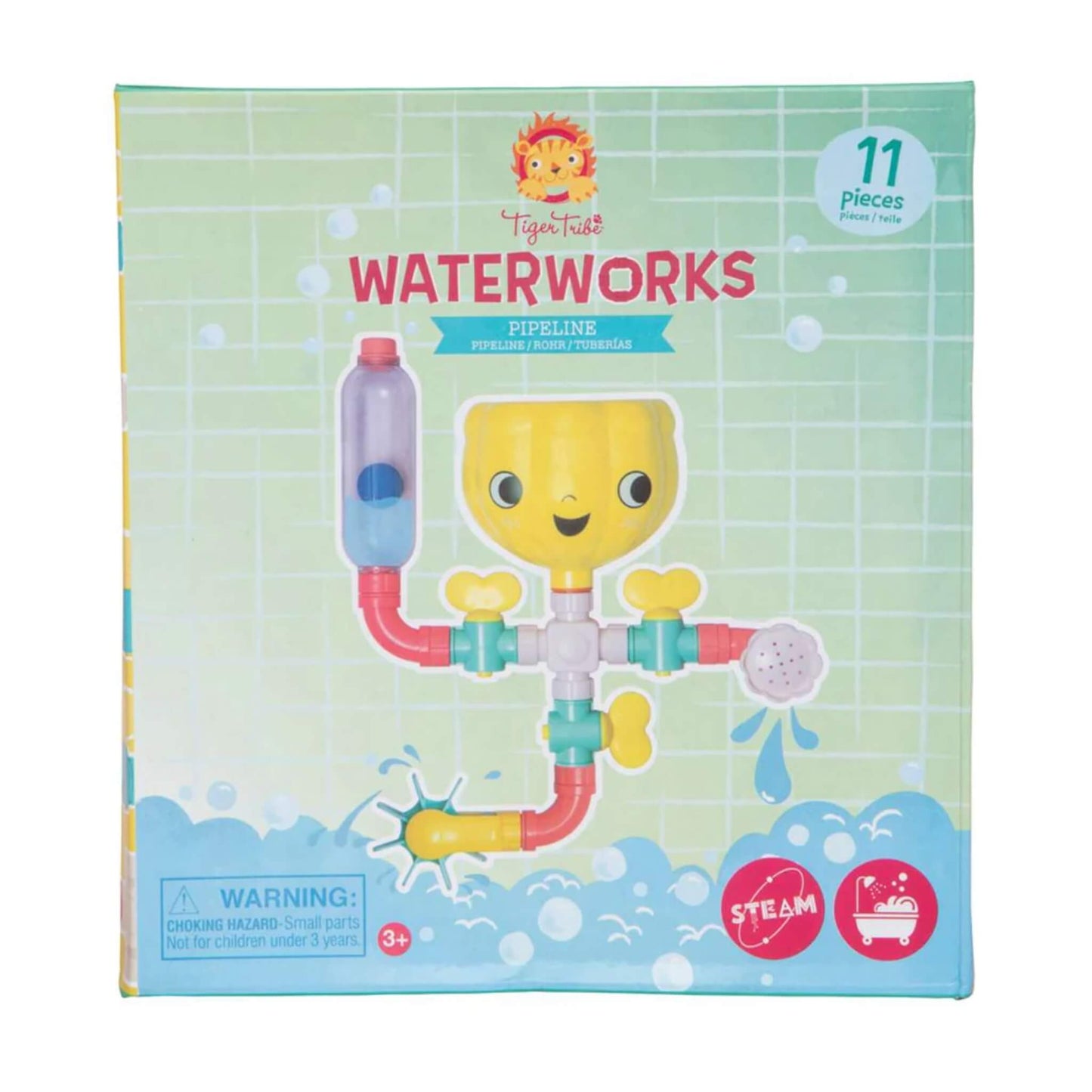 Front of the Tiger Tribe Waterworks – Pipeline box showing the assembled bath toy with cheerful yellow funnel, red pipes, spinning wheel and water-themed background.