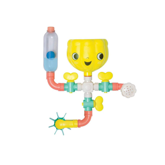 Brightly coloured bath toy with a smiling funnel character, branching pipes, and playful attachments designed to spin or spray when water flows through.