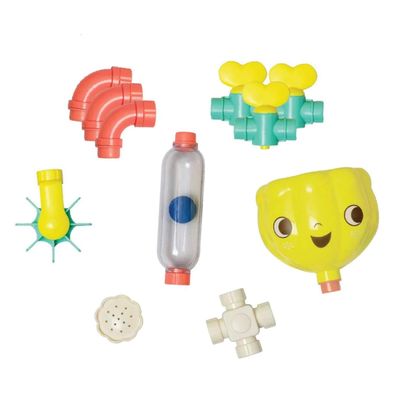 Complete set of bath toy parts laid out, including pipes, connectors, valves, a funnel, water wheel and small floating ball.