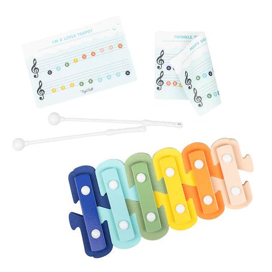 Tiger Tribe  floating xylophone bath toy features 6 interlocking keys, 2 waterproof double-sided music sheets, and 2 mallets.
