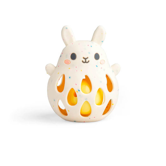 Bunny-themed baby rattle toy made from food-grade silicone.