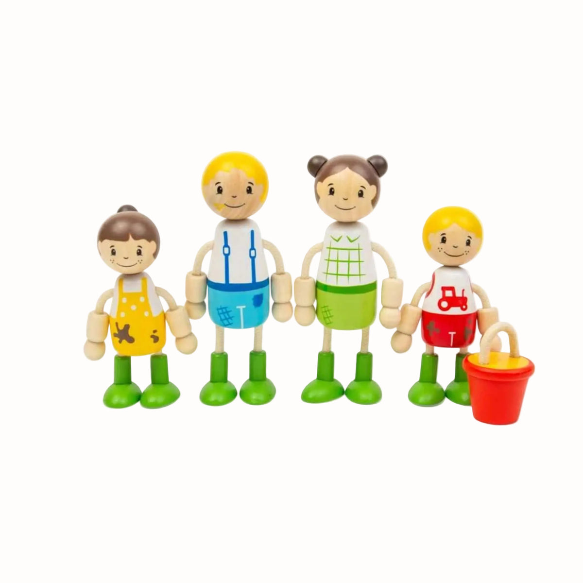 A wooden farmer family of four with flexible limbs and a red bucket.