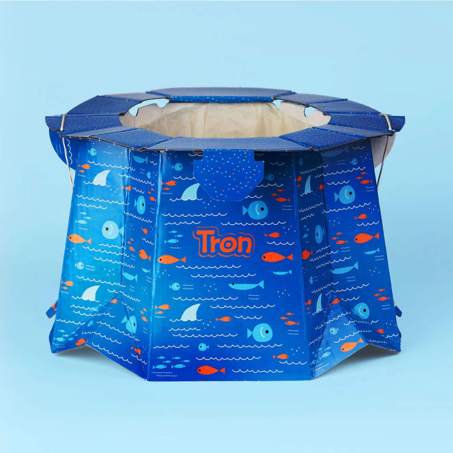 Tron Disposable Potty in blue fish-themed design, shown fully opened and assembled with absorbent liner inside.