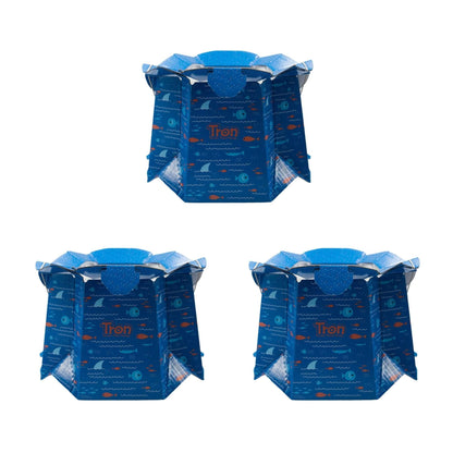 Three folded-open disposable potties in matching blue fish design arranged side by side on a white background.