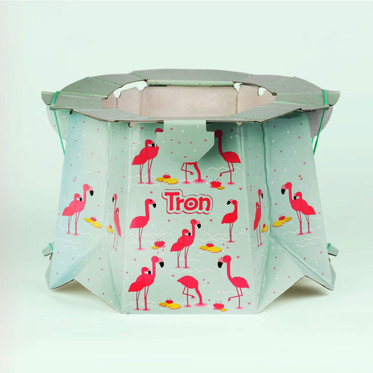 Tron Disposable Potty in mint green flamingo design, shown fully opened and assembled with absorbent liner inside.