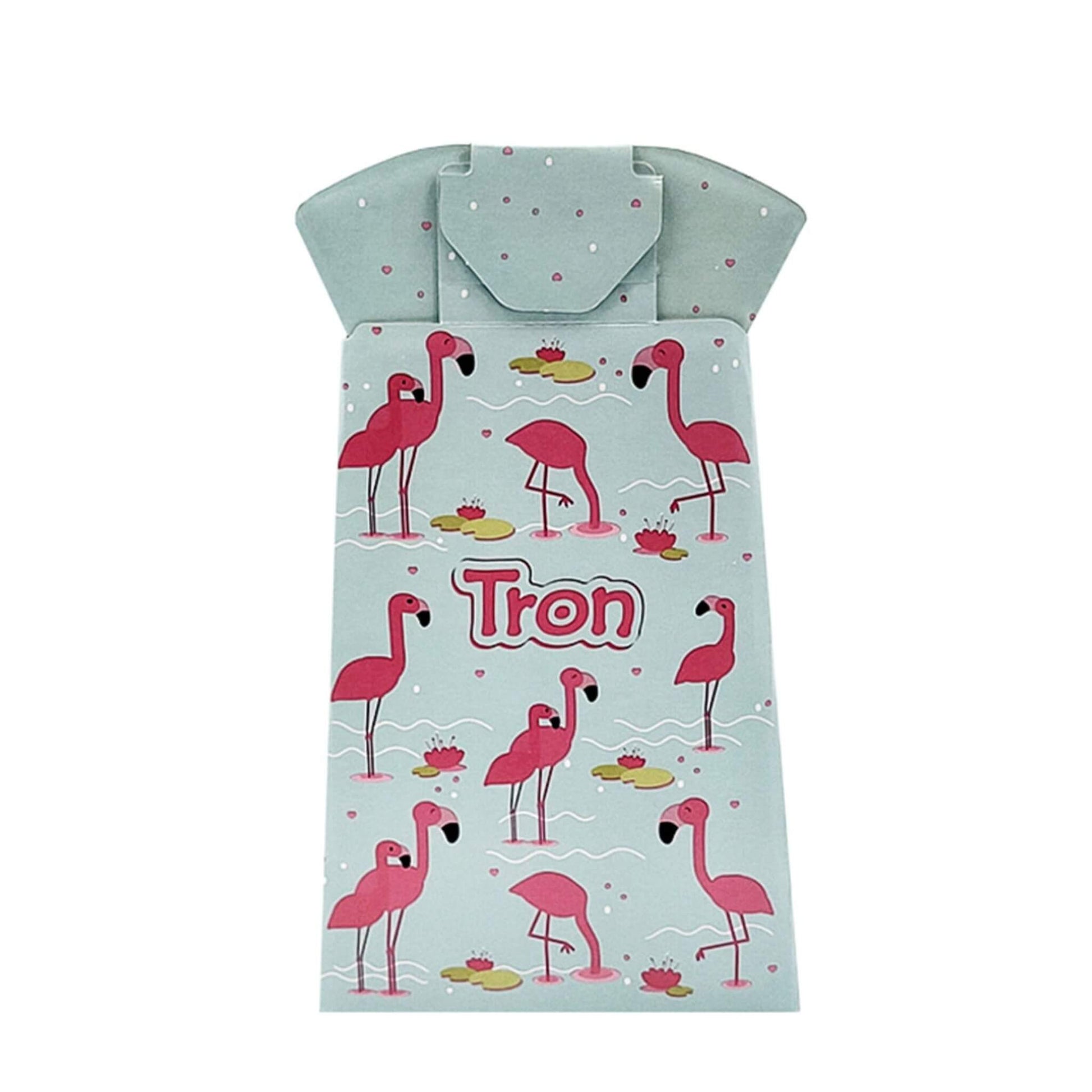 Flat-packed disposable potty in flamingo design, folded neatly with the Tron logo visible on the front.