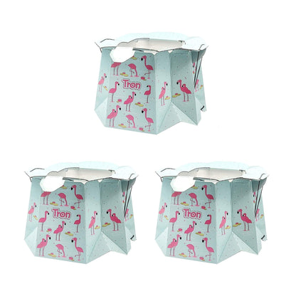 Three assembled disposable potties in flamingo print, displayed together on a white background.