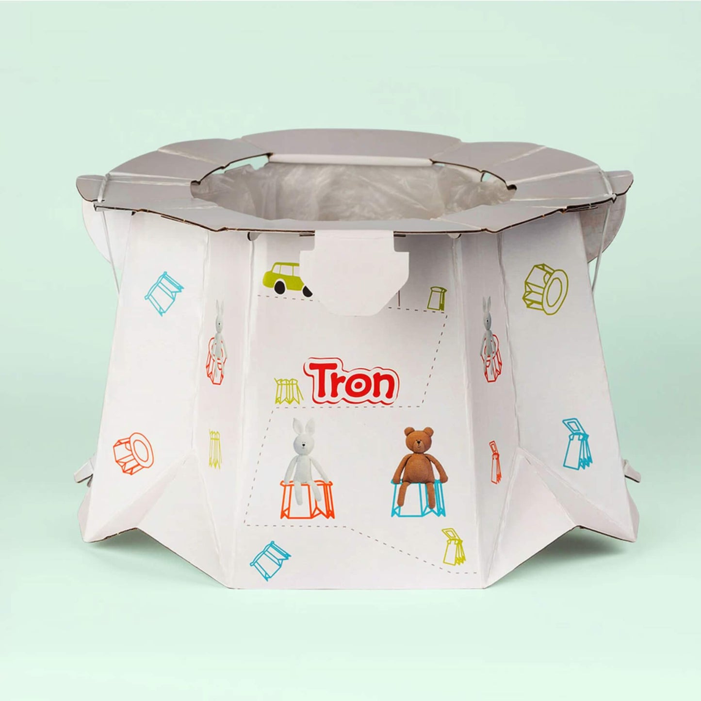 Tron Disposable Potty Rabbit and Bear design shown open with colourful illustrations on a light background.