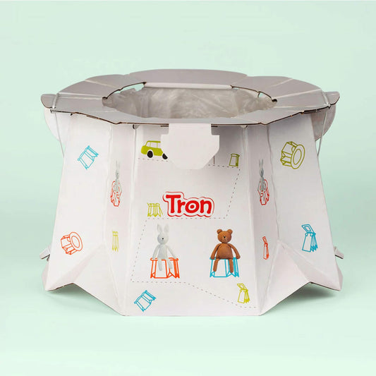 Tron Disposable Potty Rabbit and Bear design shown open with colourful illustrations on a light background.