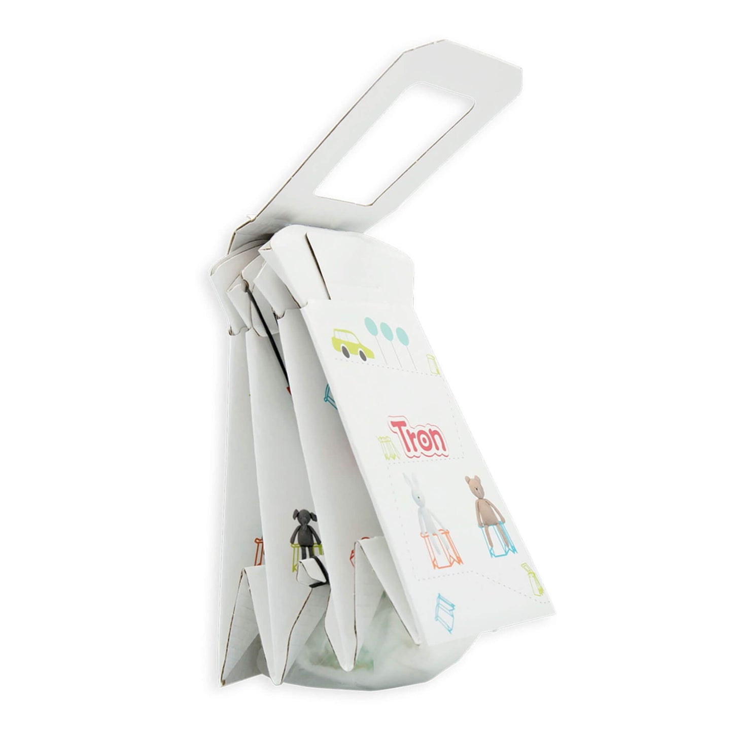 Folded disposable potty with carry handle, decorated with playful rabbit, bear, and toy illustrations.