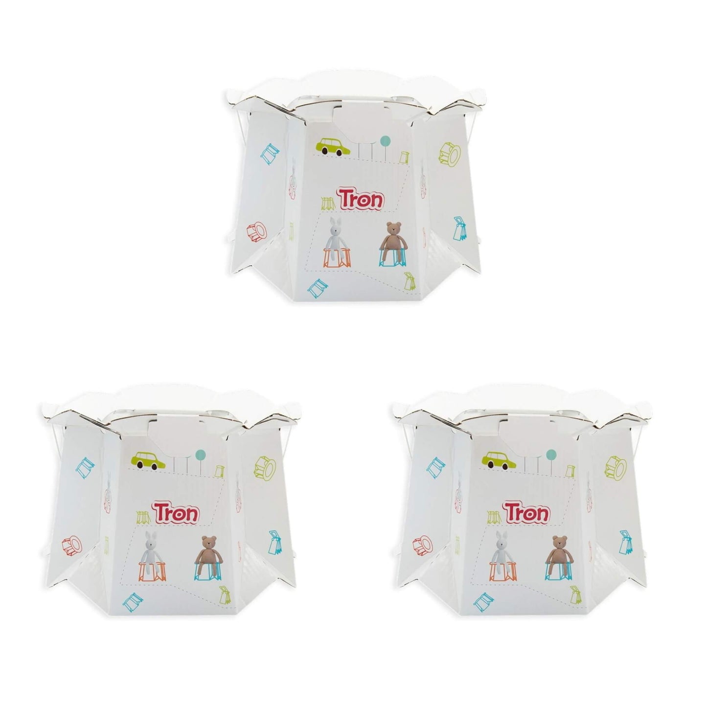 Three disposable potties in rabbit and bear print displayed side by side, fully assembled.