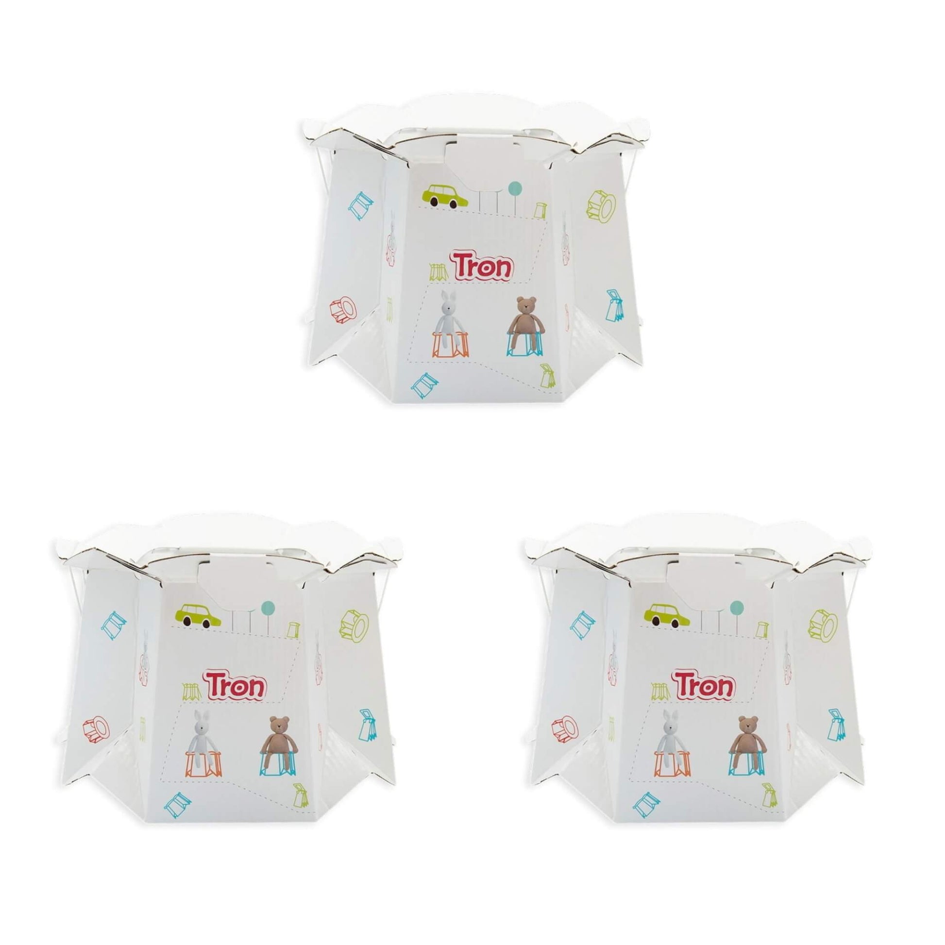 Three disposable potties in rabbit and bear print displayed side by side, fully assembled.
