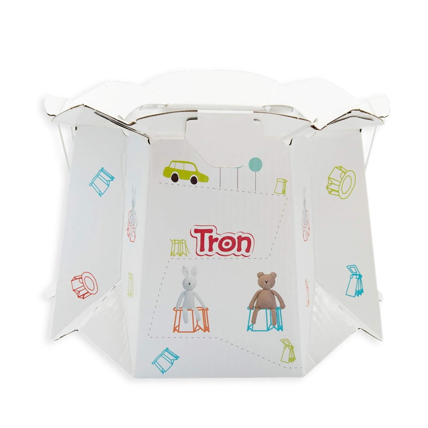 Assembled disposable potty with rabbit and bear motifs, viewed from the front.