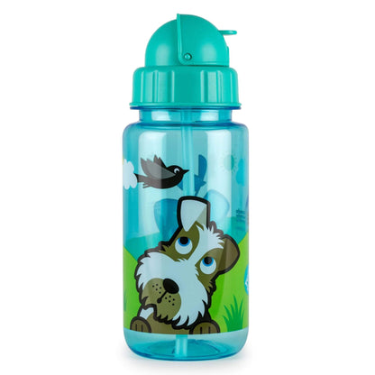A translucent blue plastic water bottle with a teal flip-top lid, featuring a cartoon dog and bird graphic on the front, set against a plain white background.