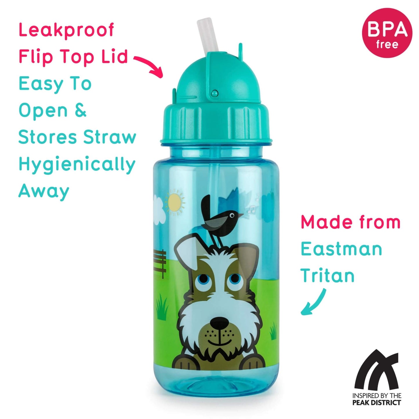 A children's flip-top water bottle with a teal lid and straw, featuring a cartoon dog and bird illustration on the front. The bottle is shown on a white background with promotional text callouts and a red BPA-free badge.