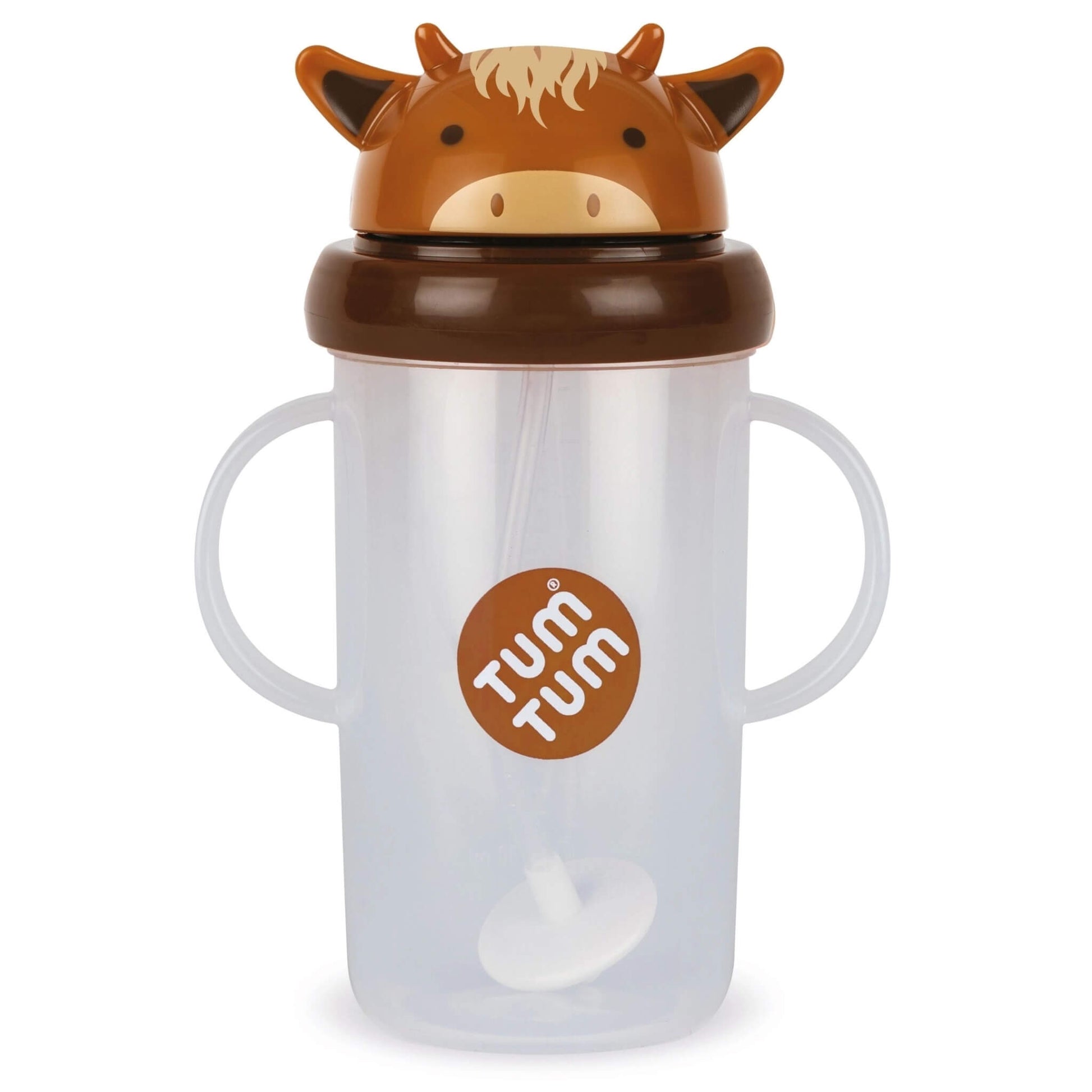 A translucent plastic sippy cup with two handles, featuring a brown cow-themed lid and a visible Tum Tum logo on the front.