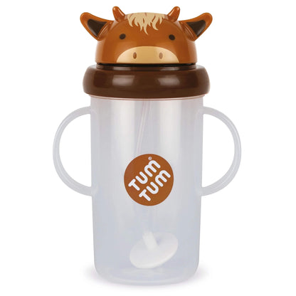 A translucent plastic sippy cup with two handles, featuring a brown cow-themed lid and a visible Tum Tum logo on the front.