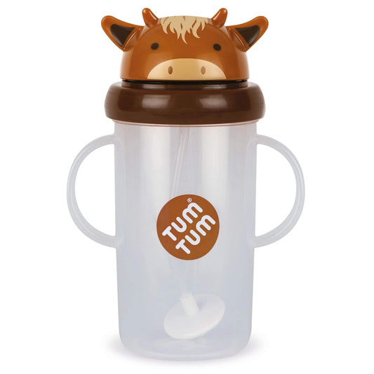 A translucent plastic sippy cup with two handles, featuring a brown cow-themed lid and a visible Tum Tum logo on the front.