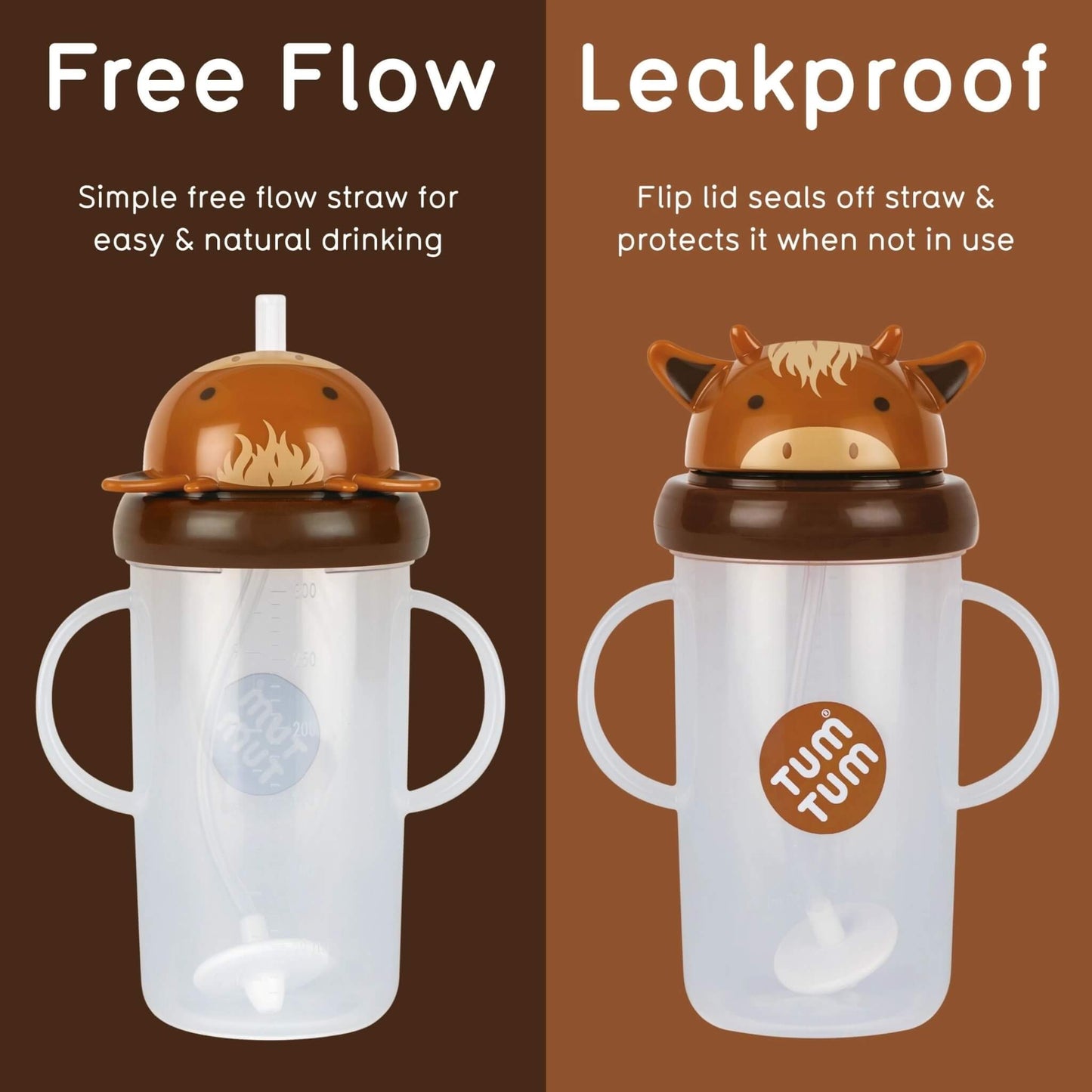 Two sippy cups shown side by side on a brown split background, labelled 'Free Flow' and 'Leakproof.' The left cup has a clear body, white handles, and a brown lid with a cow face.
