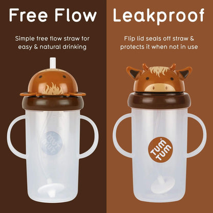 Two sippy cups shown side by side on a brown split background, labelled 'Free Flow' and 'Leakproof.' The left cup has a clear body, white handles, and a brown lid with a cow face.