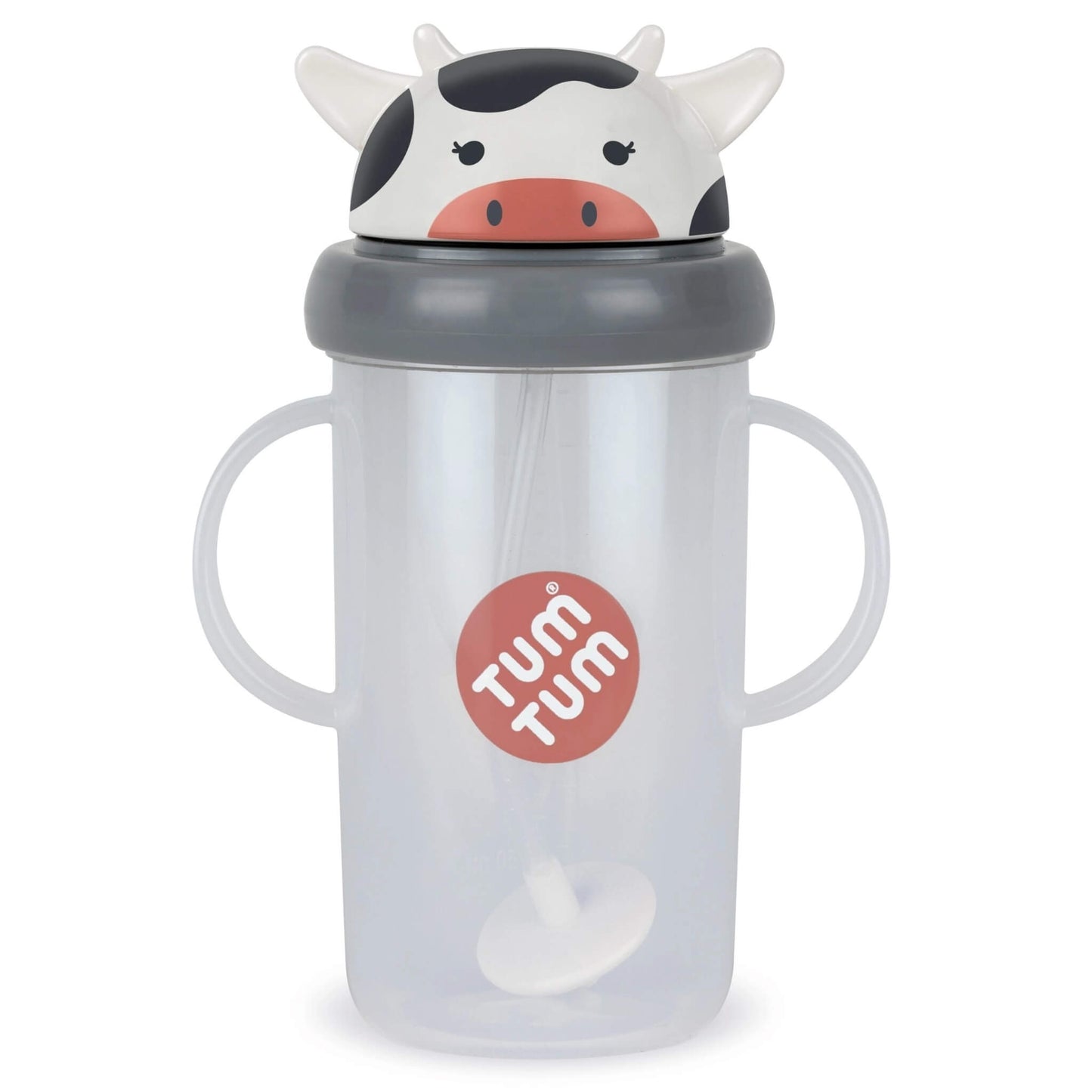 A translucent plastic sippy cup with two handles, a grey lid, and a cow-shaped top spout. The cup has a red circular logo on the front that reads 'TUM TUM'.