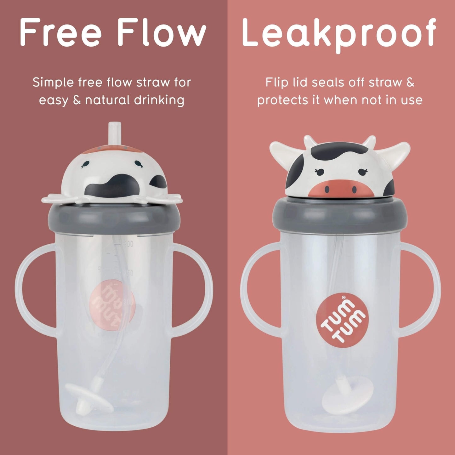 Two clear handled sippy cups with cow-shaped lids are shown side by side on a pink background. The left cup has a straw lid labelled 'Free Flow' and the right cup has a flip lid labelled 'Leakproof'.