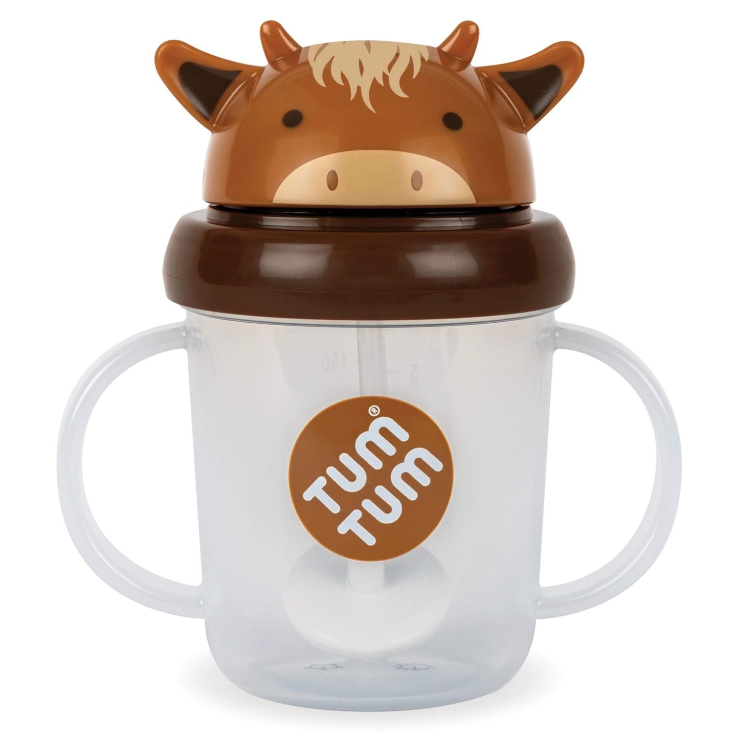 A clear plastic sippy cup with a cow-themed lid, featuring a brown and tan cow face with a dark brown band. The cup has built-in handles and a visible straw, with a circular brown 'TUM TUM' logo on the front, set against a plain white background.