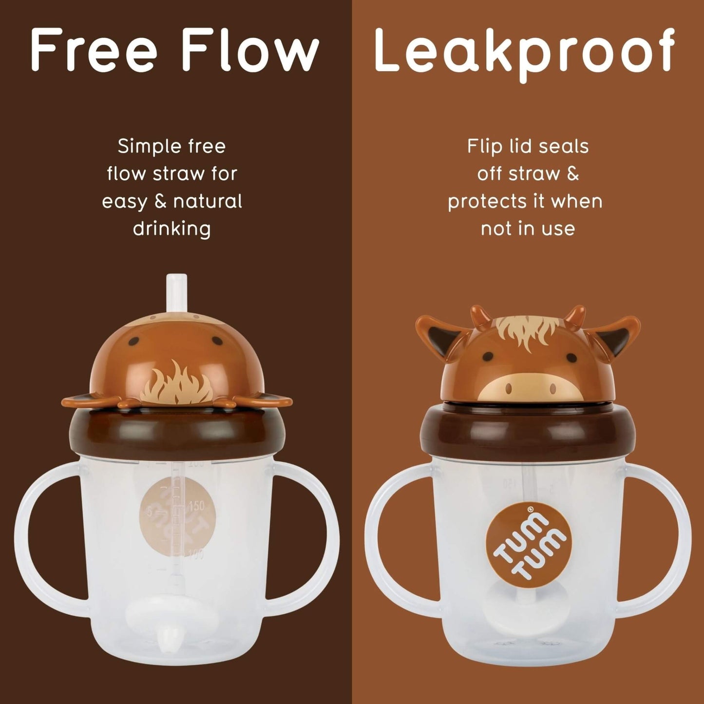Two sippy cups shown side by side on a brown split background, labelled 'Free Flow' and 'Leakproof.' The left cup has a brown lid with a white straw and a clear body; the right  cup has a cow-shaped brown lid with a flip seal and a clear body.