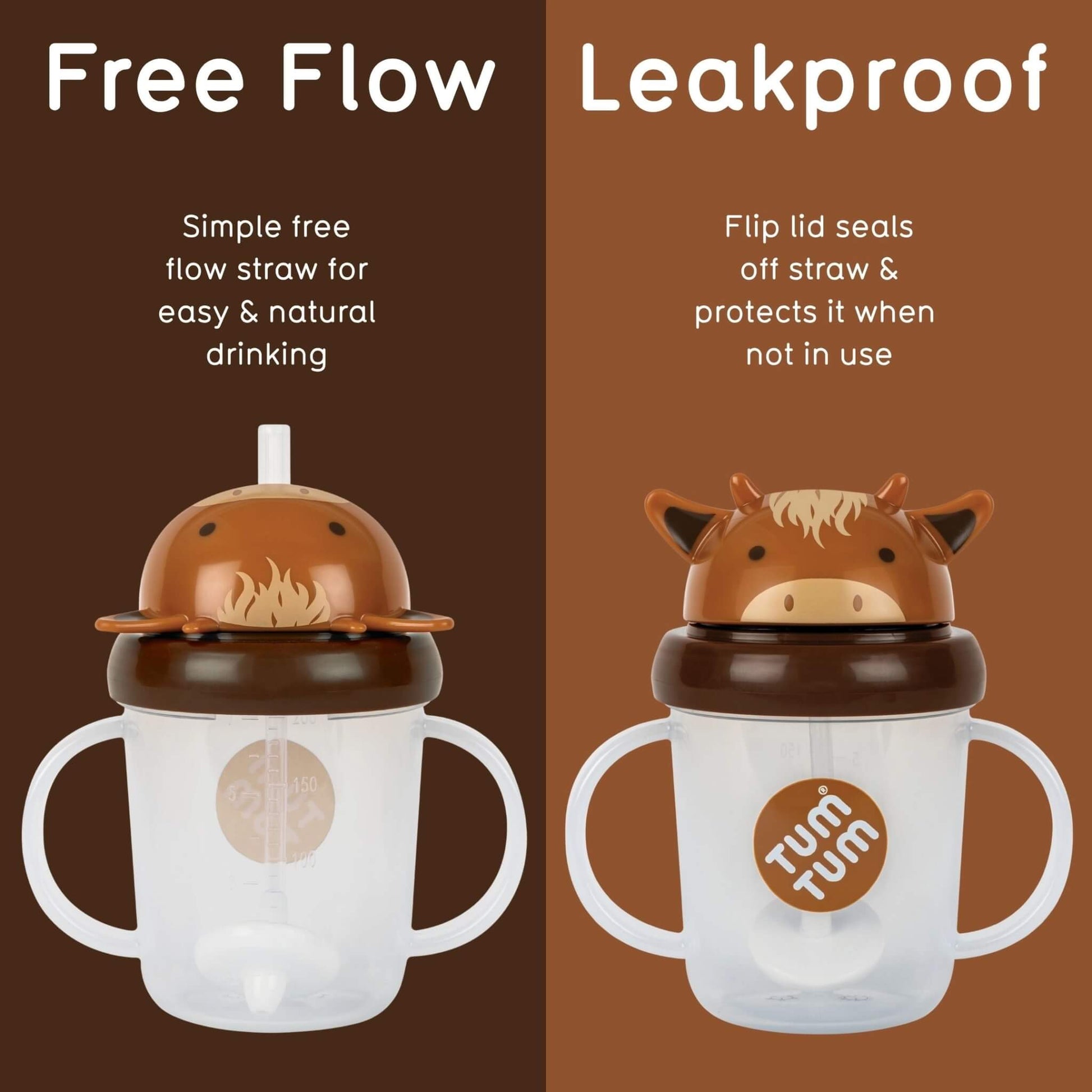 Two sippy cups shown side by side on a brown split background, labelled 'Free Flow' and 'Leakproof.' The left cup has a brown lid with a white straw and a clear body; the right  cup has a cow-shaped brown lid with a flip seal and a clear body.