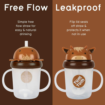 Two sippy cups shown side by side on a brown split background, labelled 'Free Flow' and 'Leakproof.' The left cup has a brown lid with a white straw and a clear body; the right  cup has a cow-shaped brown lid with a flip seal and a clear body.